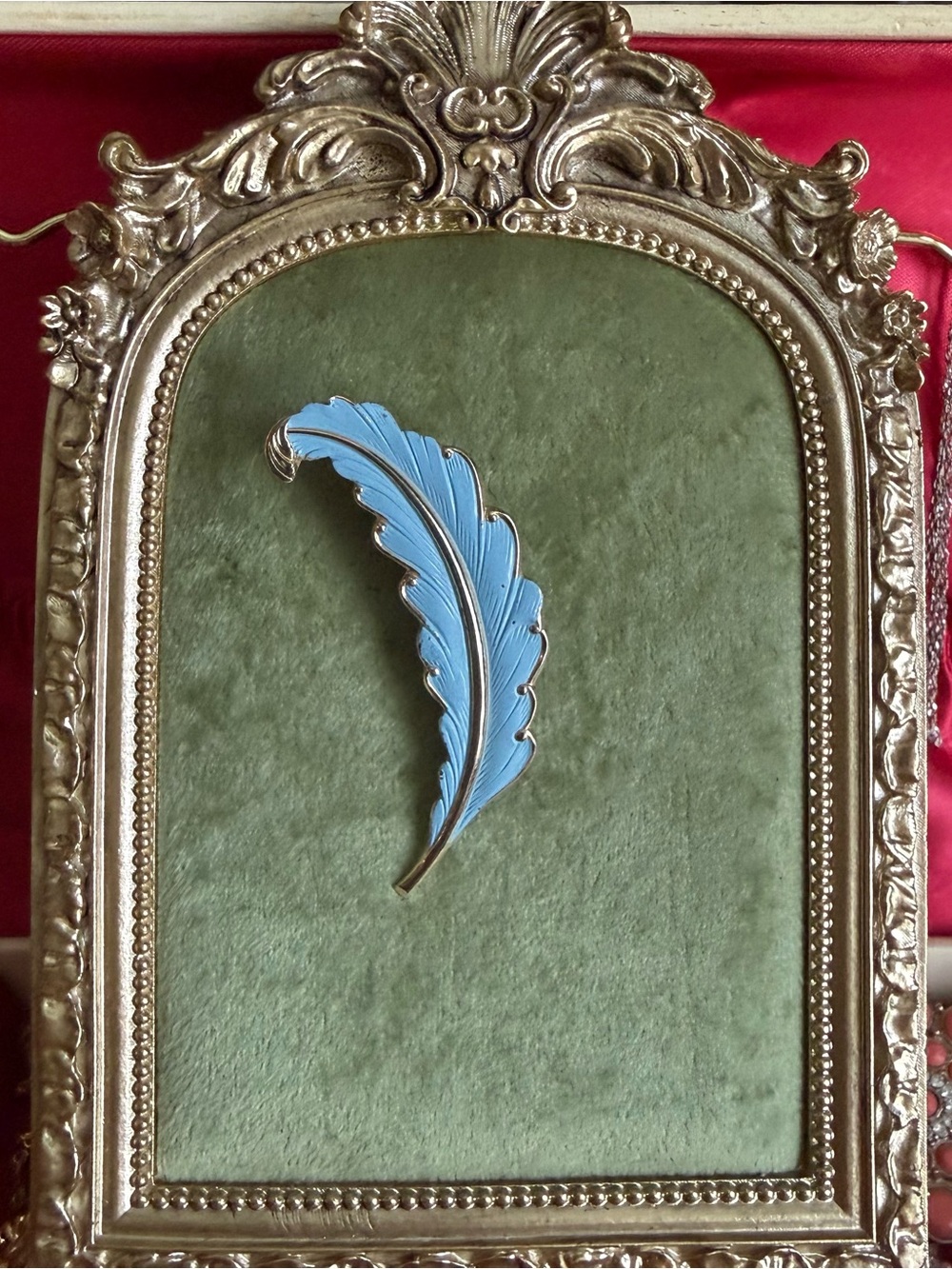 Vtg Light Blue Enamel Feather Pin Brooch, Gold Tone Mid-Century Style